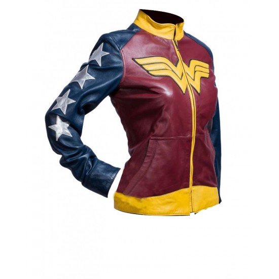 Wonder Woman Leather Jacket with Wonder Woman Logo on the Front side.