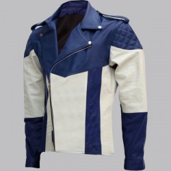 Men Blue and White Biker Leather Jacket Men Blue and White Biker Leather Jacket