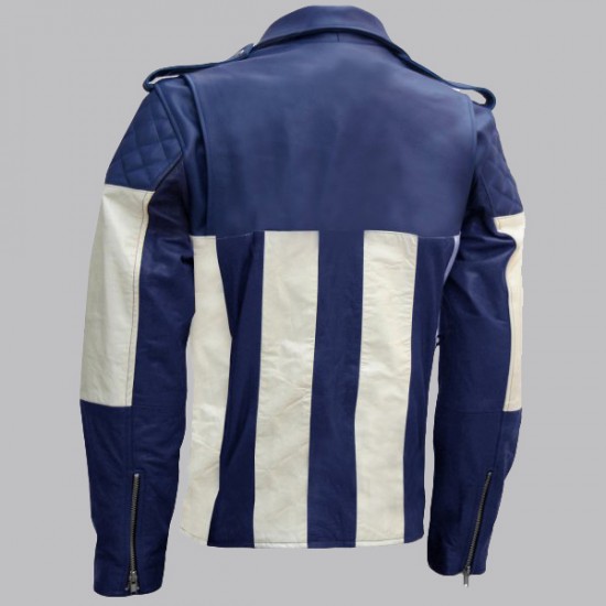 Men Blue and White Biker Leather Jacket