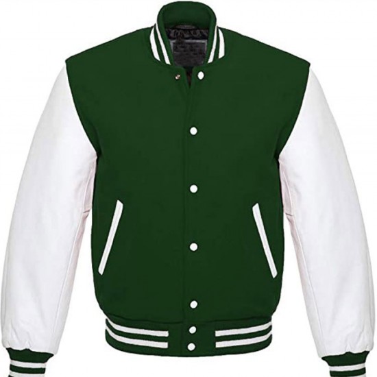 Men's Snap Tab Closure Green and White Varsity Jacket - Jackets