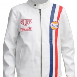 Men's Steve McQueen Le Mans Gulf Racing White Leather Jacket  Men's Steve McQueen Le Mans Gulf Racing White Leather Jacket
