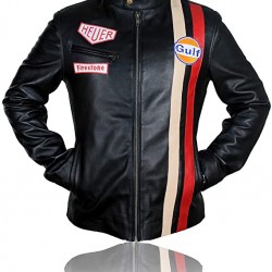 Men's Steve McQueen Le Mans Gulf Racing Black Leather Jacket  Men's Steve McQueen Le Mans Gulf Racing Black Leather Jacket