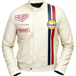 Men's Steve McQueen Le Mans Gulf Racing Cream Leather Jacket 