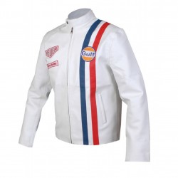 Men's Steve McQueen Le Mans Gulf Racing White Leather Jacket  Men's Steve McQueen Le Mans Gulf Racing White Leather Jacket