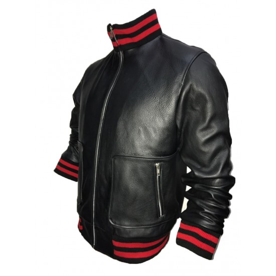 New Men's Stylish Red And Black Stripes Leather Jacket