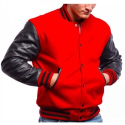 Men's Varsity Black Leather and Wool Red Jacket