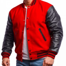 Men's Varsity Black Leather and Wool Red Jacket