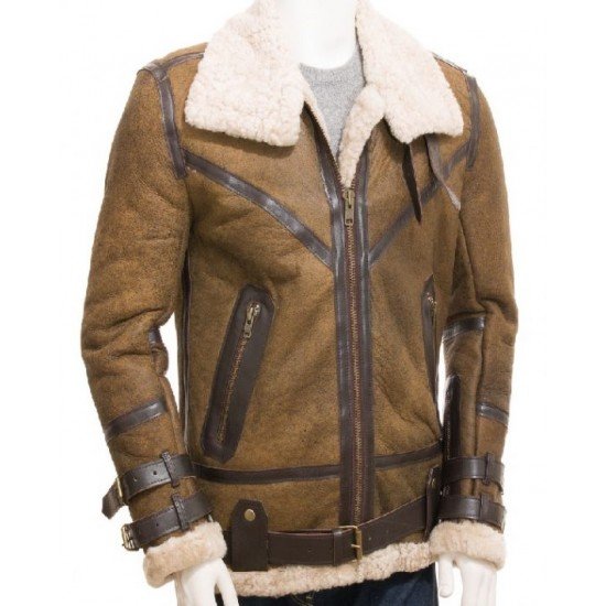 Mens Aviator Sheepskin Leather Faux Shearling Brown Jacket