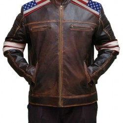 Mens American Flag Brown Leather Jacket