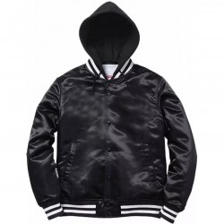 Mens Casual Black Bomber Satin Hooded Varsity Jacket