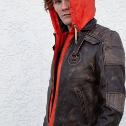 Mens Goku Orange Hood Brown Leather Jacket Mens Goku Orange Hood Brown Leather Jacket