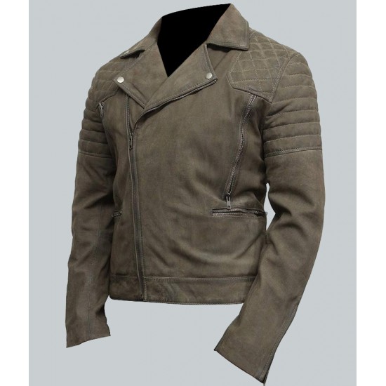 Mens Grey Suede Leather Motorcycle Jacket
