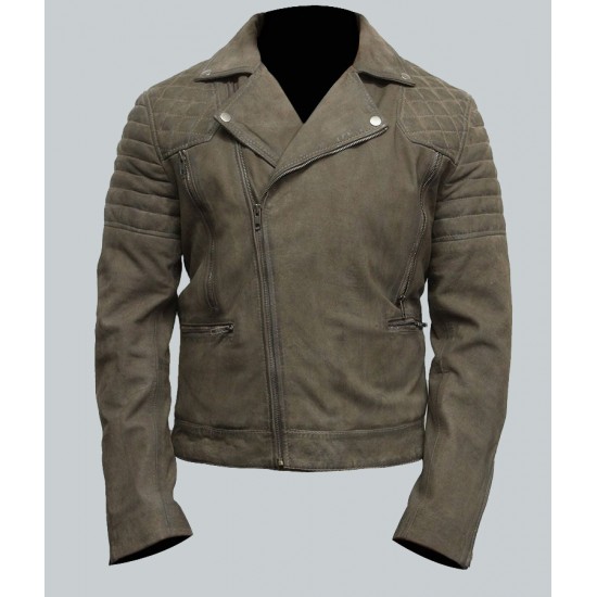 Mens Grey Suede Leather Motorcycle Jacket