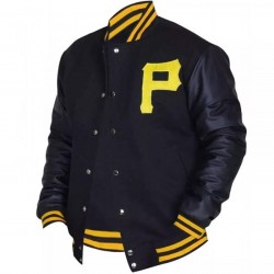 Mens Pittsburgh Pirates P Logo Baseball Majestic Varsity Black Letterman Bomber Jacket Mens Pittsburgh Pirates P Logo Baseball Majestic Varsity Black Letterman Bomber Jacket