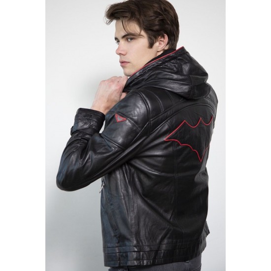 Mens Red Hood Black Leather Costume Jacket