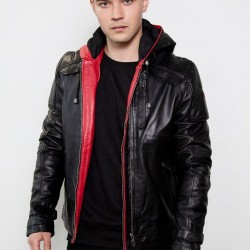 Mens Red Hood Black Leather Costume Jacket Mens Red Hood Black Leather Costume Jacket