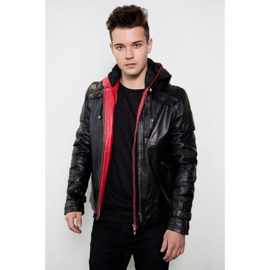 Mens Red Hood Black Leather Costume Jacket