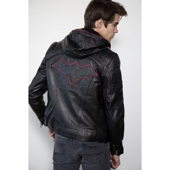 Mens Red Hood Black Leather Costume Jacket