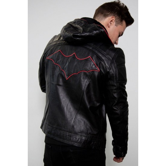 Mens Red Hood Black Leather Costume Jacket