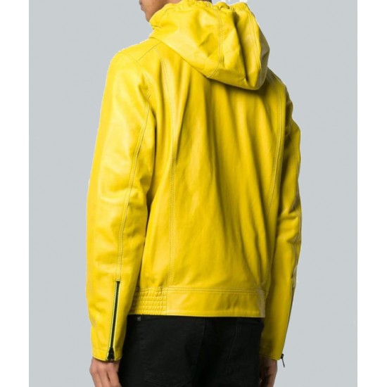 Mens Yellow Hooded Leather Jacket