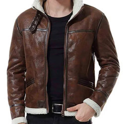 Men’s Biker Shearling Bomber Distressed Brown Leather Jacket