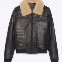 Men’s Black Sheepskin Leather Aviator Jacket with Removable Fur Collar Men’s Black Sheepskin Leather Aviator Jacket with Removable Fur Collar