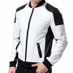 Men’s Black and White Leather Biker Bomber Jacket