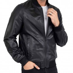 Men’s Casual Bomber Real Black Leather Jacket