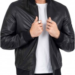 Men’s Casual Bomber Real Black Leather Jacket