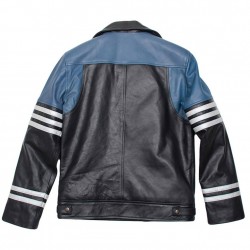 Men’s Classic Black and Blue Striped Leather Biker Jacket