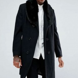 Men’s Double Breasted Black Overcoat with Faux Fur Trim Men’s Double Breasted Black Overcoat with Faux Fur Trim