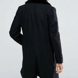 Men’s Double Breasted Black Overcoat with Faux Fur Trim Men’s Double Breasted Black Overcoat with Faux Fur Trim