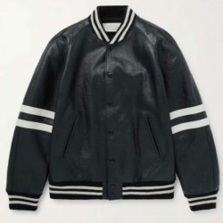 Men’s Homme Striped Black Leather Bomber Jacket Men’s Homme Striped Black Leather Bomber Jacket