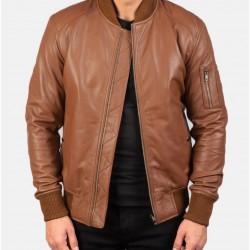 Men’s MA-1 Flight Brown Leather Bomber Jacket