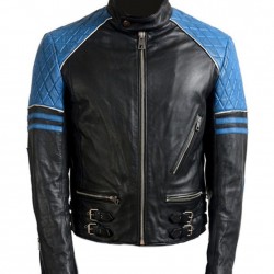 Men’s Quilted Biker Stylish Black and Blue Leather Jacket