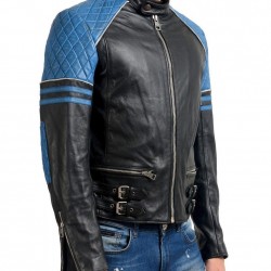 Men’s Quilted Biker Stylish Black and Blue Leather Jacket