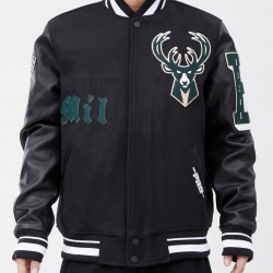 Milwaukee Bucks Old English Black Wool Varsity Jacket Milwaukee Bucks Old English Black Wool Varsity Jacket