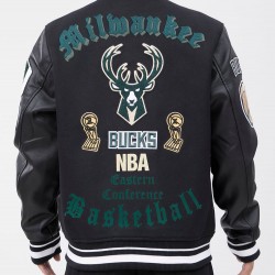 Milwaukee Bucks Old English Black Wool Varsity Jacket Milwaukee Bucks Old English Black Wool Varsity Jacket