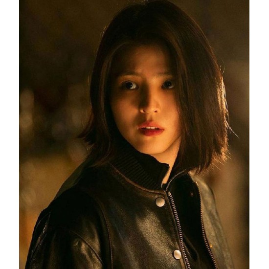 My Name Han So-Hee Black Leather Bomber Jacket