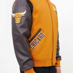 Chicago Bulls Yellow Wool and Brown Leather Championship Logo Varsity Jacket