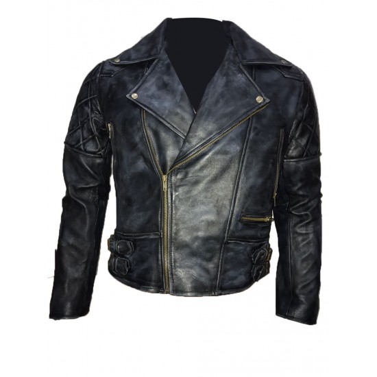 New Mens Classic Diamond Biker Distressed Vintage Leather Jacket