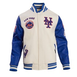 New York Mets Retro Classic Off White & Blue Varsity Jacket New York Mets Retro Classic Off White & Blue Varsity Jacket