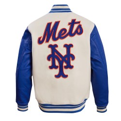 New York Mets Retro Classic Off White & Blue Varsity Jacket New York Mets Retro Classic Off White & Blue Varsity Jacket