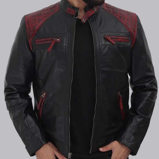 Rollins Mens Black and Maroon Cafe Leather Jacket Rollins Mens Black and Maroon Cafe Leather Jacket