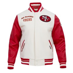 San Francisco 49ers Off White Wool And Red Leather Varsity Jacket San Francisco 49ers Off White Wool And Red Leather Varsity Jacket