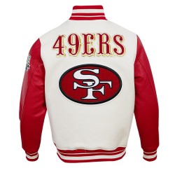 San Francisco 49ers Off White Wool And Red Leather Varsity Jacket San Francisco 49ers Off White Wool And Red Leather Varsity Jacket
