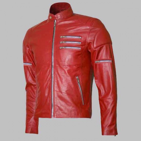 New Men's Silver Zipper Biker Red Leather Jacket New Mens Silver Zipper Biker Red Leather Jacket