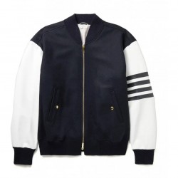 Striped Melton Wool and Leather Bomber Jacket