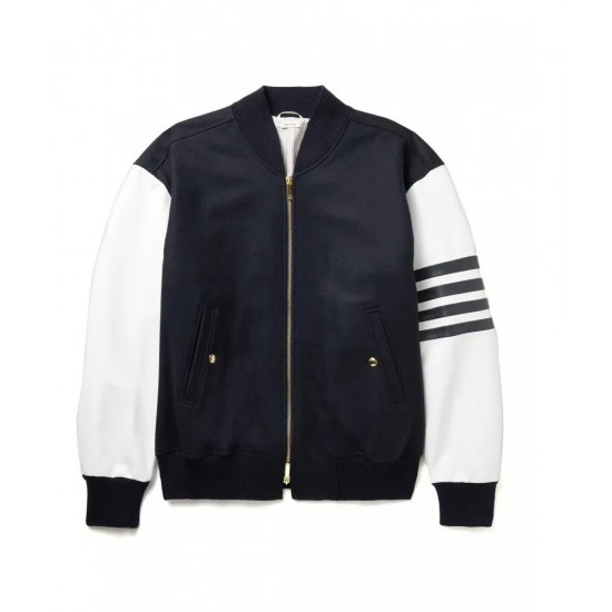 Striped Melton Wool and Leather Bomber Jacket