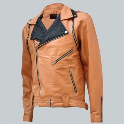 Tan and Black Draped Leather Jacket for Men Tan and Black Draped Leather Jacket for Men